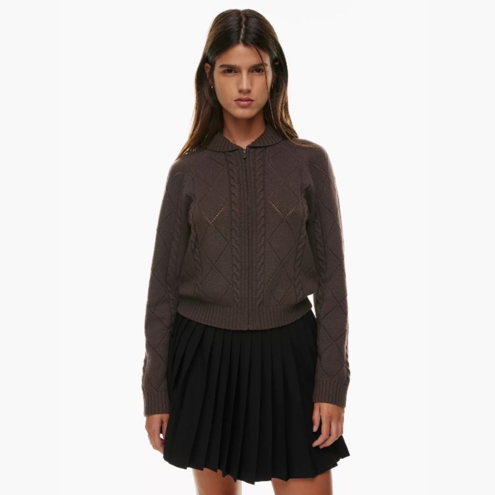 Aritzia Brown Cable-Knit Zip Polo Sweater